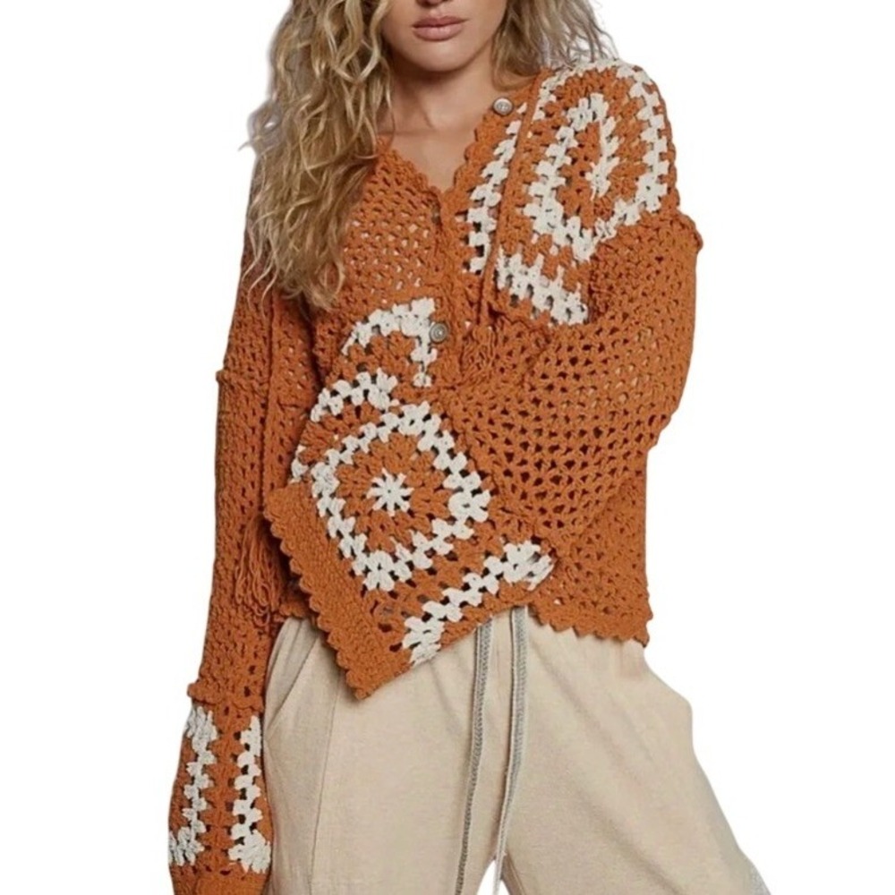 POL Crochet Cardigan Women Large Orange Boho Granny Square Hooded Tassel Sweater